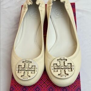 Tory Burch Ivory Flats with Gold Emblem